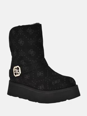 GUESS Black Monogram Faux Fur Winter Boots Platform